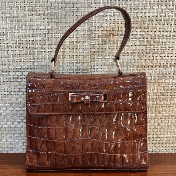 🌟HP🌟VTG 1990s Faux Brown Croco Vinyl Satchel Style Handbag by Liz Claiborne - Picture 2 of 14